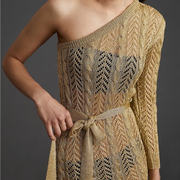 Anthropologie Maeve Gold One Shoulder Knif Coverup Dress - Picture 9 of 15